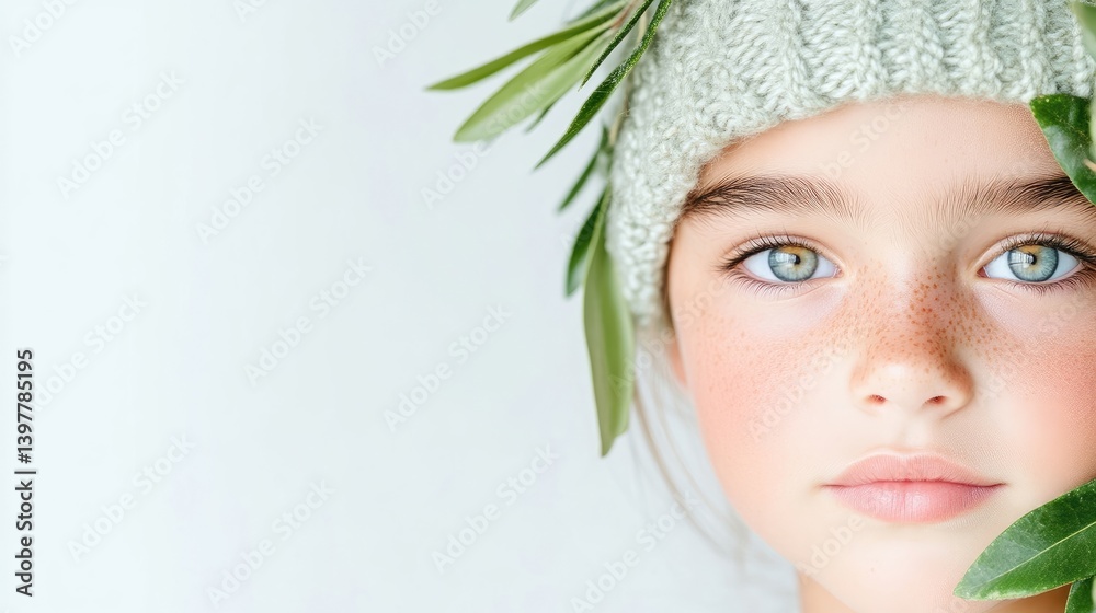Naklejka premium Child's face with greenery and knit hat