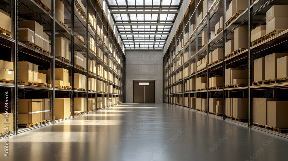 Large Warehouse with Cardboard Boxes on Shelves Large Warehouse with Cardboard Boxes on Shelves