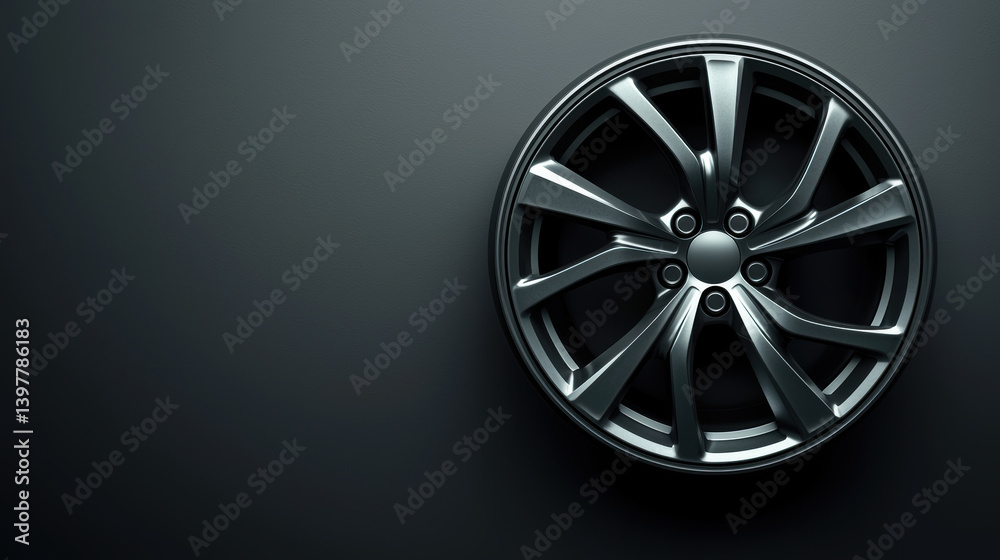 Fototapeta premium A sleek dark grey alloy wheel with a multi-spoke design is showcased against a subtly textured dark grey background providing a clean and modern automotive aesthetic.