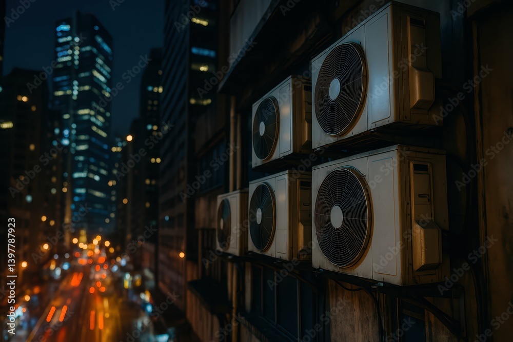 Obraz premium Urban Air Conditioning Units at Night with City Lights in Background