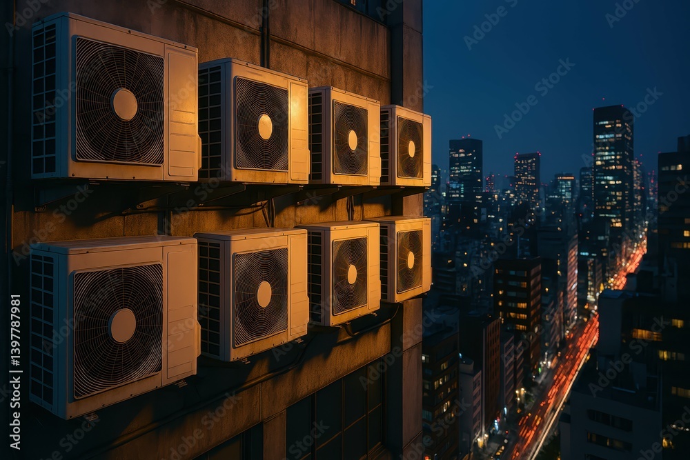 Obraz premium Urban Night View of Air Conditioners on Building Facade