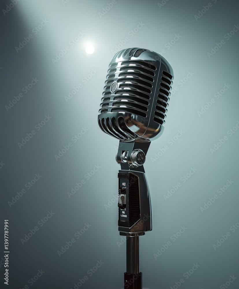 Fototapeta premium vintage retro microphone standing tall on a light, neutral background