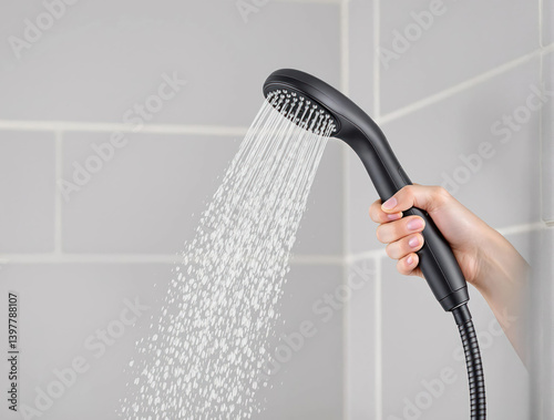 A person is holding a black shower head
