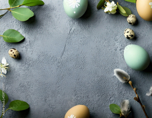 Pastelowe pisanki i gałązki na szarym tle – tło wielkanocne życzenia 