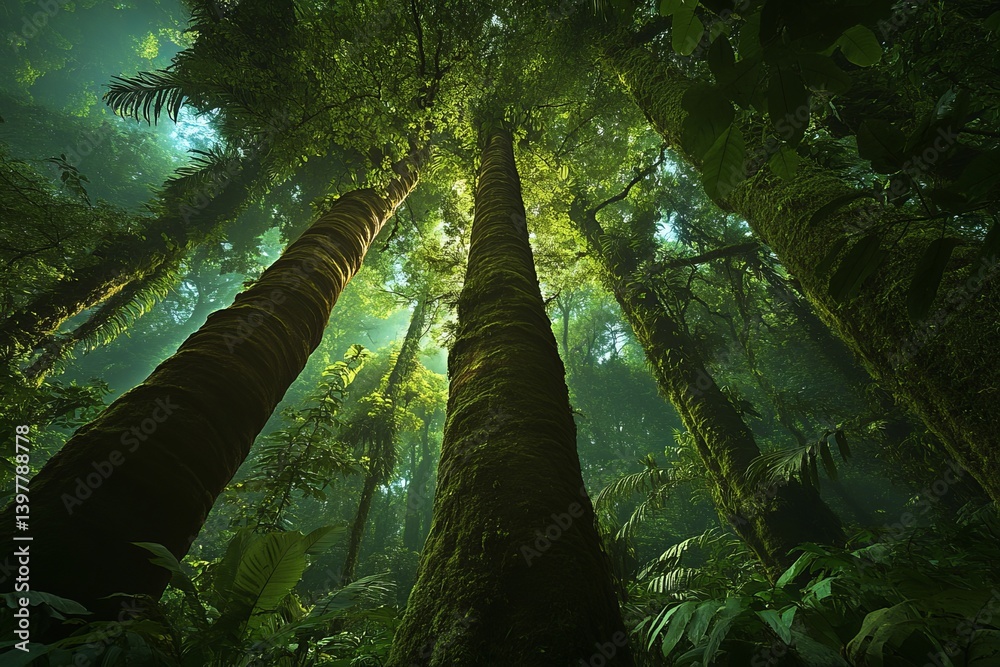 Fototapeta premium The concept of Earth Day is set against a backdrop of a lush tropical forest, evoking a sense of natural wonder with its canopy trees in the wild