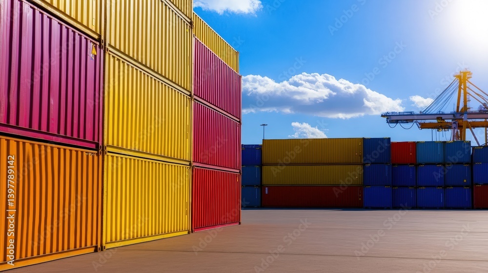 Fototapeta premium A vibrant scene of stacked shipping containers under a bright blue sky, showcasing an organized port environment.