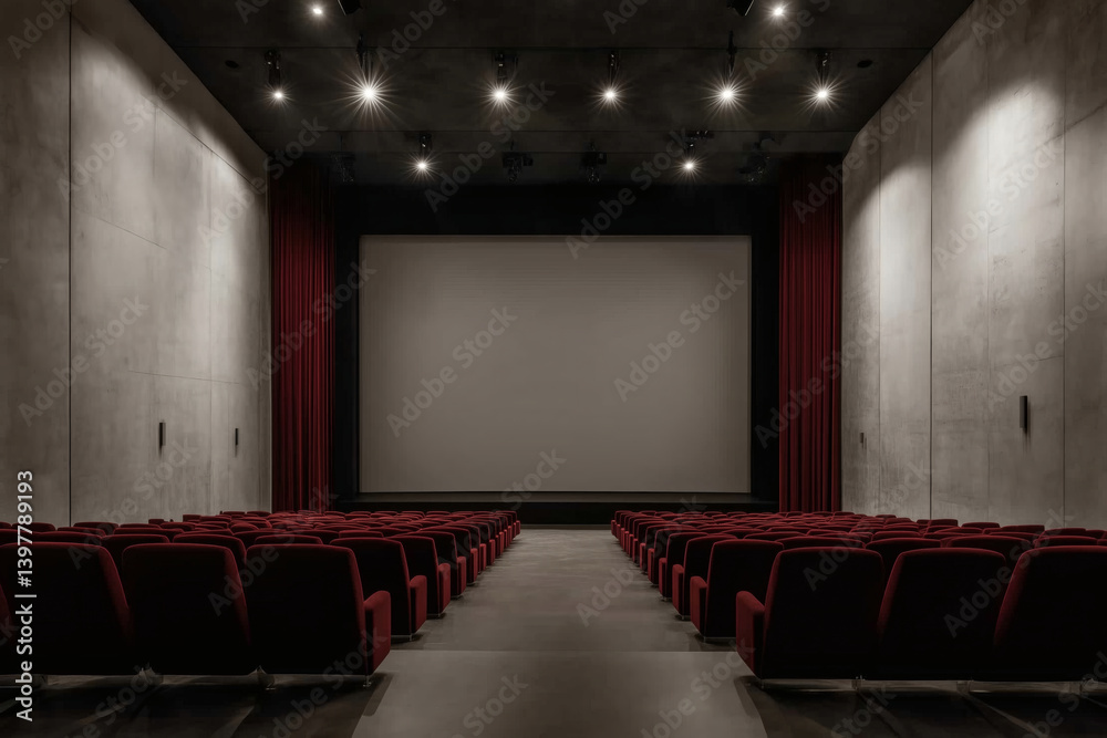 Fototapeta premium Cinema interior with red seating in a modern design, offering a comfortable movie-watching experience.