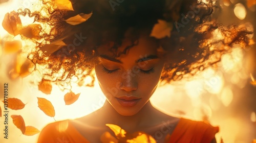 Golden sunlight dances on a woman's face as autumn leaves swirl around her. A vibrant orange dress adds warmth to this peaceful, breezy moment