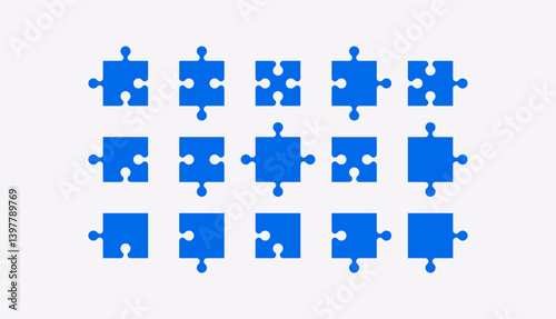 Puzzle pieces whole set isolated. Vector illustration. Jigsaw puzzle game. Blue color.