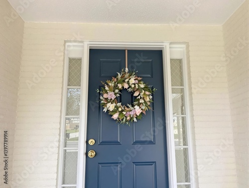 A blue door with a wreath hanging from it
