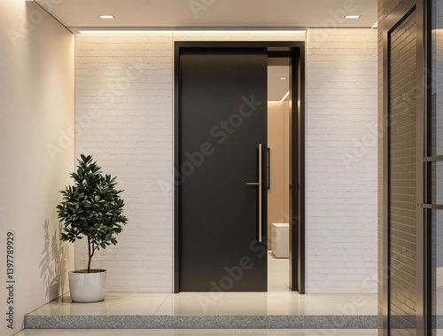 A black door with a gold handle is in front of a white wall