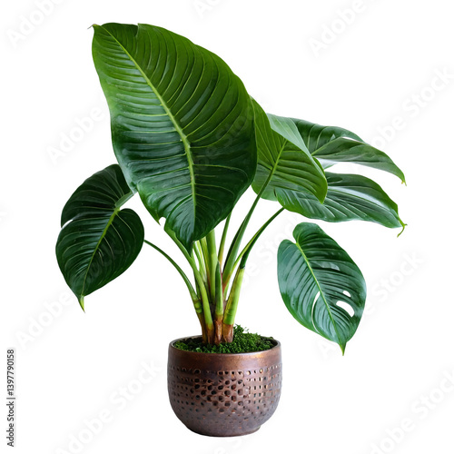a vibrant strelitzia nicolai plant with large, glossy green leaves grows from a textured bronze pot filled with moss.