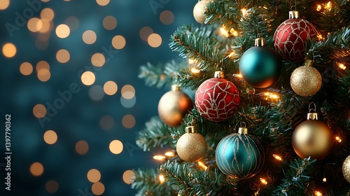 A christmas tree adorned with colorful ornaments in a festive display.