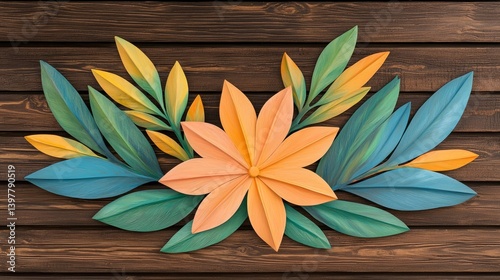 Flower wooden board weather. A vibrant floral design featuring colorful leaves and a large orange flower on a wooden background.