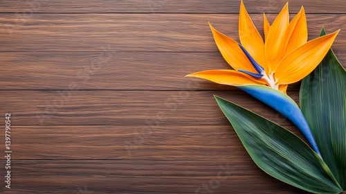 Flower wooden board weather. A vibrant bird of paradise flower with striking orange and blue petals, set against a wooden background.