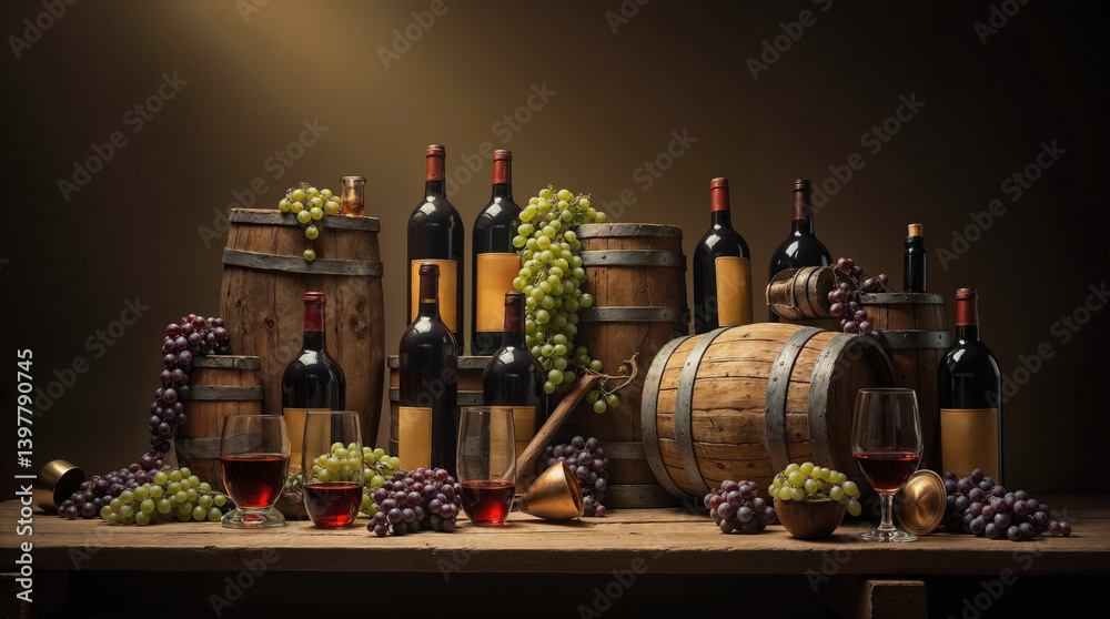rustic still life scene showcases an assortment of wine