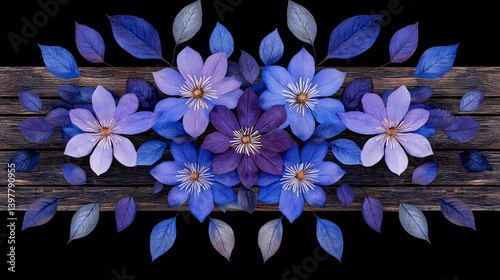 Flower wooden board weather. A vibrant arrangement of purple flowers and leaves against a dark background, showcasing intricate details and artistic composition.