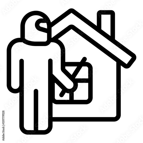 Thief man with mask at house line icon, insurance event concept. Vector graphics. Cottage building theft crime risk sign on white background, style mobile or design.