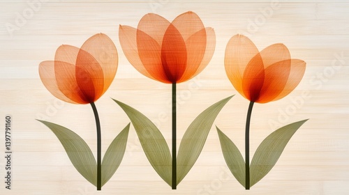 Flower wooden board weather. A vibrant illustration of three orange tulips with delicate petals, set against a light wooden background, evoking a serene and natural ambiance.