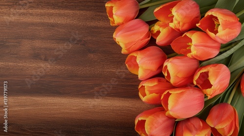 Flower wooden board weather. A vibrant arrangement of orange tulips on a wooden surface, showcasing their vivid colors and natural beauty.