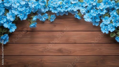Flower wooden board weather. A vibrant arrangement of blue flowers drapes over a rustic wooden surface, creating a serene and inviting atmosphere.