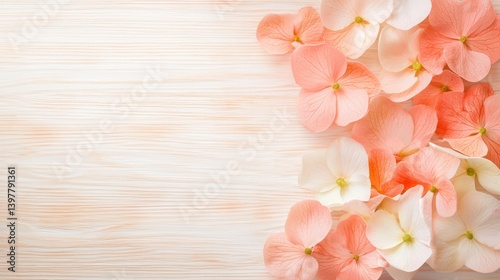 Flower wooden board weather. A serene arrangement of soft pink and white flower petals on a light wooden background, evoking feelings of tranquility and beauty.