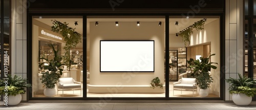 A sophisticated window display with plants and empty screen