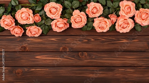 Flower wooden board weather. A row of beautiful peach roses on a rustic wooden background, creating a warm and inviting atmosphere.