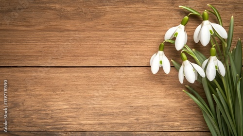 Flower wooden board weather. A cluster of delicate white snowdrop flowers rests on a wooden surface, highlighting their graceful petals and vibrant green leaves.