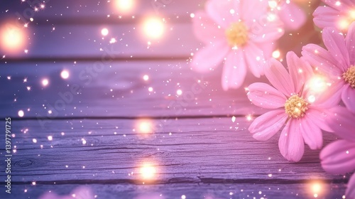 Flower wooden board weather. A serene image featuring pink flowers against a wooden background, enhanced by soft, glowing bokeh lights.
