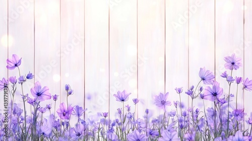 Flower wooden board weather. A serene display of delicate purple flowers against a light wooden background, evoking feelings of tranquility and natural beauty.