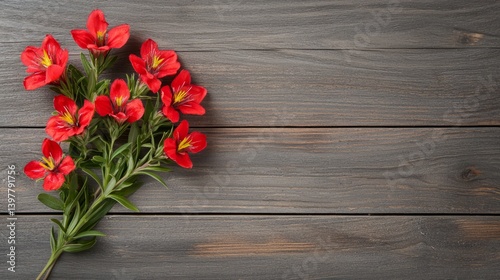 Flower wooden board weather. A vibrant bouquet of red flowers rests on a rustic wooden surface, showcasing their beauty and natural elegance.