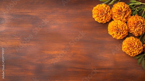 Flower wooden board weather. A vibrant arrangement of marigold flowers on a rich wooden background, creating a warm and inviting aesthetic.