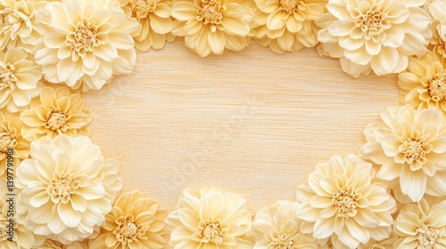 Flower wooden board weather. A delicate arrangement of pale yellow flowers framing a wooden background, creating a soft and inviting visual centerpiece.