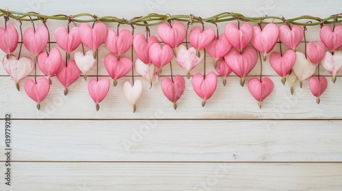 Flower wooden board weather. A garland of pink and white heart-shaped flowers hanging against a light wooden background, creating a charming and romantic ambiance.