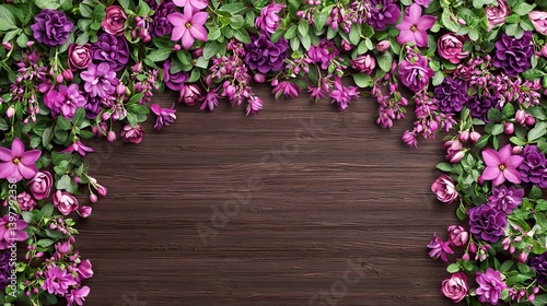 Flower wooden board weather. A vibrant arrangement of purple flowers and greenery framing a wooden background, perfect for spring-themed designs or decorations.
