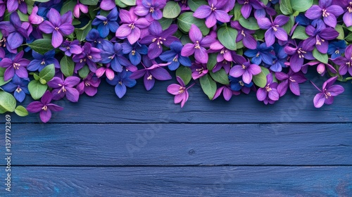 Flower wooden board weather. A vibrant array of purple and blue flowers against a rustic wooden background, creating a beautiful and colorful floral display.