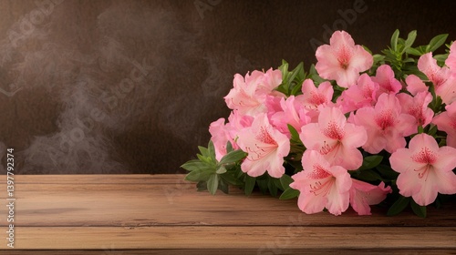 Flower wooden board weather. A bouquet of pink azaleas resting on a wooden surface, with subtle hints of a smoky background, creating a serene and elegant atmosphere.