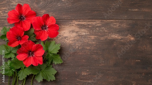 Flower wooden board weather. A cluster of vibrant red flowers with green leaves, set against a rustic wooden background, creating a warm and inviting atmosphere.