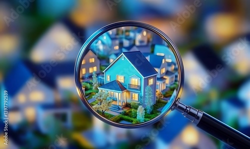 A magnifying glass focusing on a blue house among many similar houses, symbolizing real estate search or investment.  photo