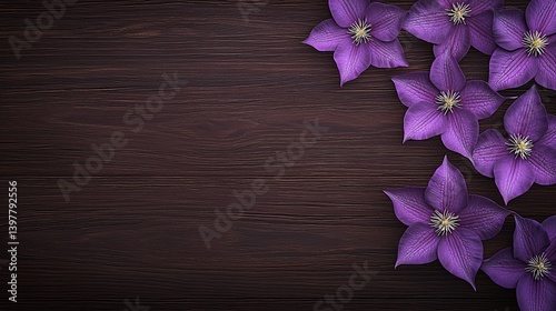 Flower wooden board weather. A beautiful arrangement of purple flowers on a dark wooden surface, creating a vibrant and elegant contrast.