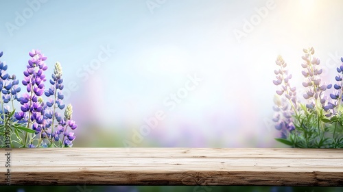 Flower wooden board weather. A serene view of a wooden table surrounded by blooming lavender flowers in soft focus, creating a tranquil and inviting atmosphere.
