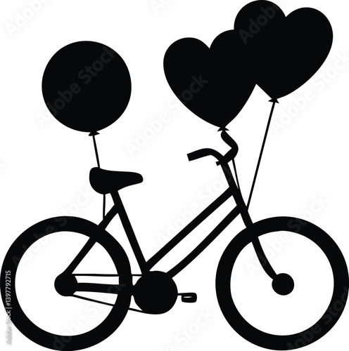 Minimal Bicycle Silhouette with Heart Balloons and Round Balloon on Top