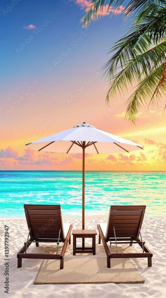Two beach chairs are set up on the sand next to a white umbrella Two beach chairs are set up on the sand next to a white umbrella