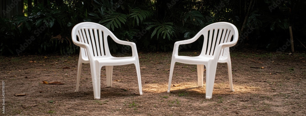 Two white plastic chairs sit peacefully in a garden, surrounded by lush green hedges and grass under warm summer light