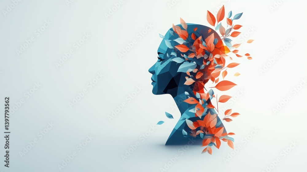 Obraz premium A stylized human silhouette merges with vibrant foliage, symbolizing creativity and the connection between nature and the mind.