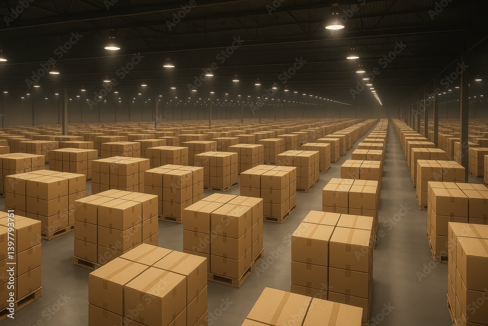 Vast Warehouse Interior with Neatly Arranged Cardboard Boxes Vast Warehouse Interior with Neatly Arranged Cardboard Boxes