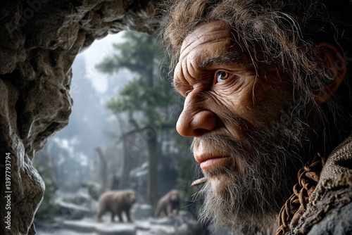 Caveman in rocky cave observing bears in prehistoric forest setting, neanderthal people concept