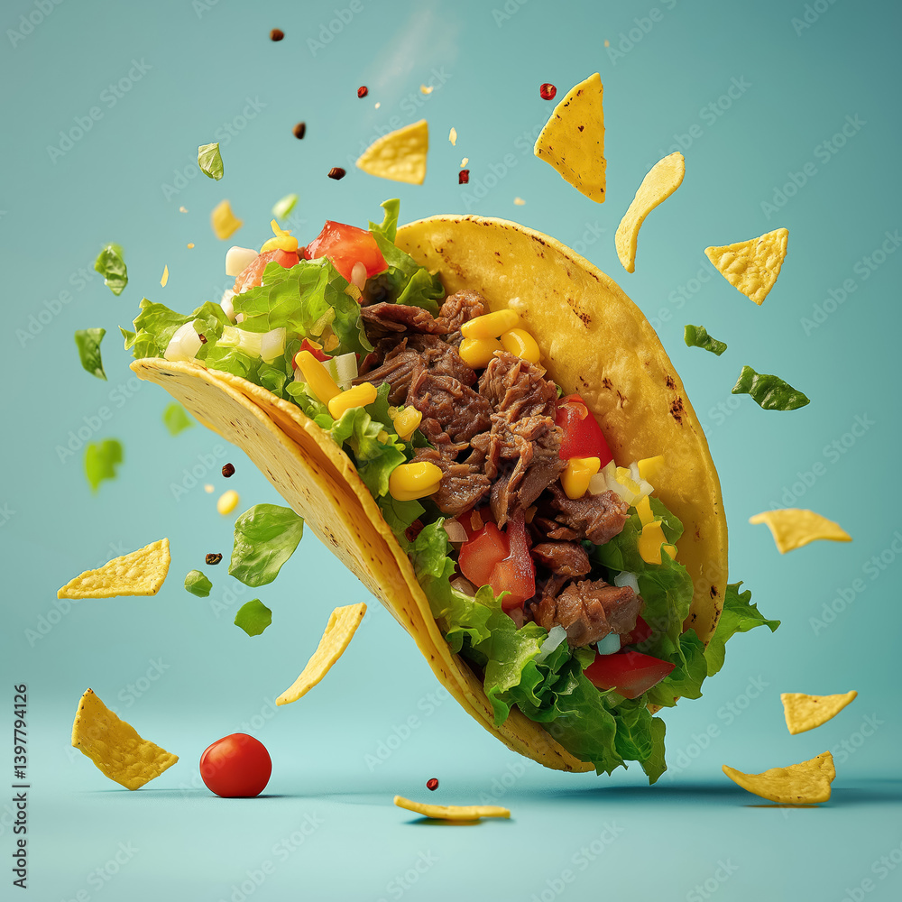 floating ingredients vibrant food photography of beef taco with fresh lettuce corn tomato onion tortilla chips perfect for Mexican restaurant advertising and creative menu design