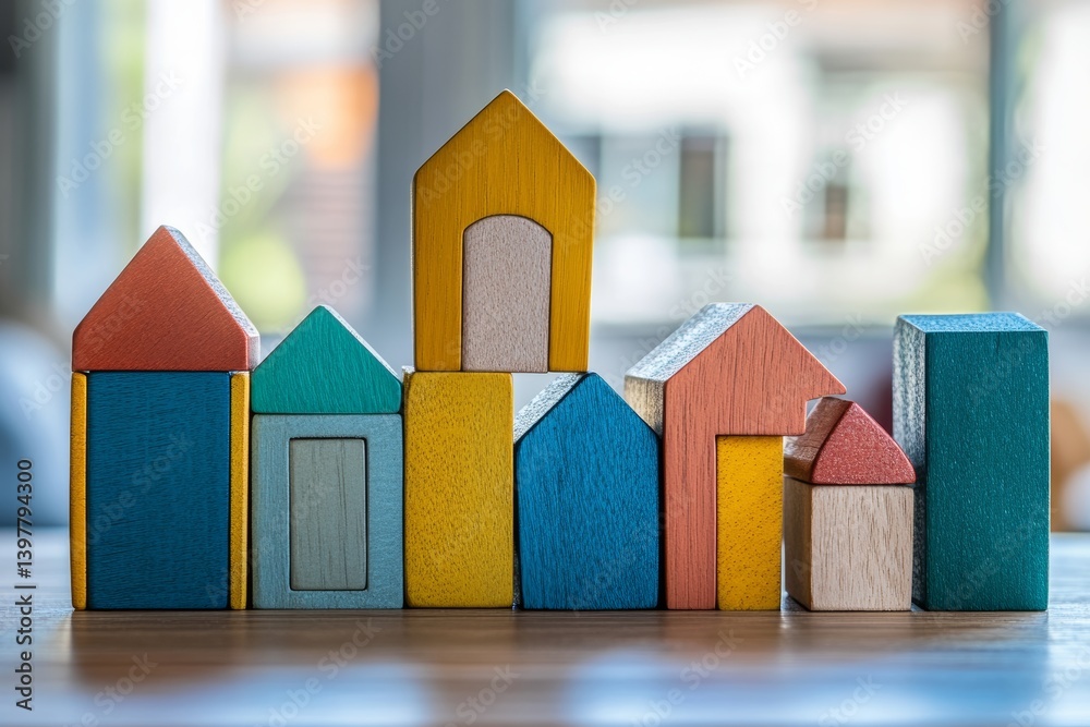 Colorful wooden blocks forming house shapes on a table a creative real estate concept